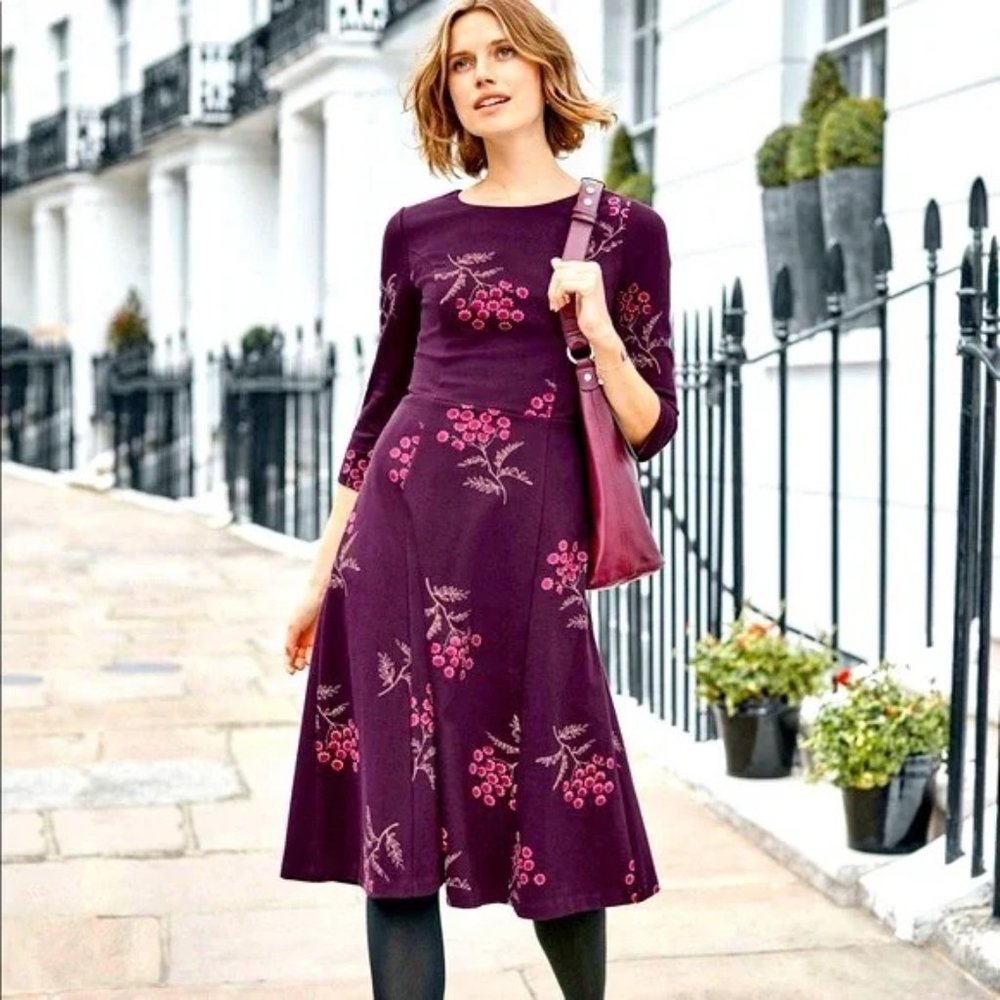 Boden Nancy Ponte Dress Fig Meadowsweet 8R (Burgundy A-line long sleeve dress)